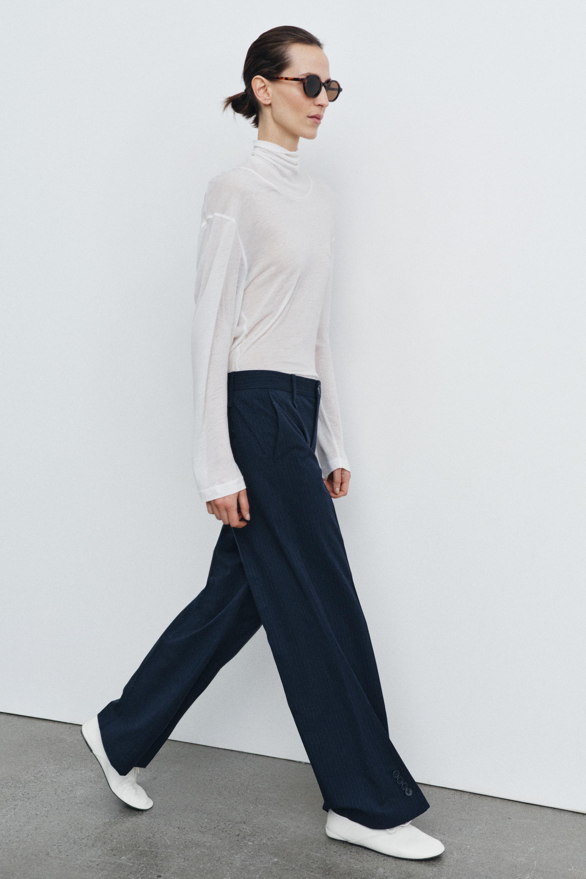 STRIPED PANTS WITH BUTTON HEM ZW COLLECTION